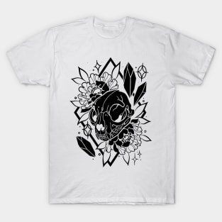 Cat skull, crystals, and peonies in black T-Shirt